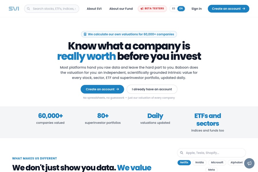 Equity research platform app.svinvesting.com, built by Algoryme